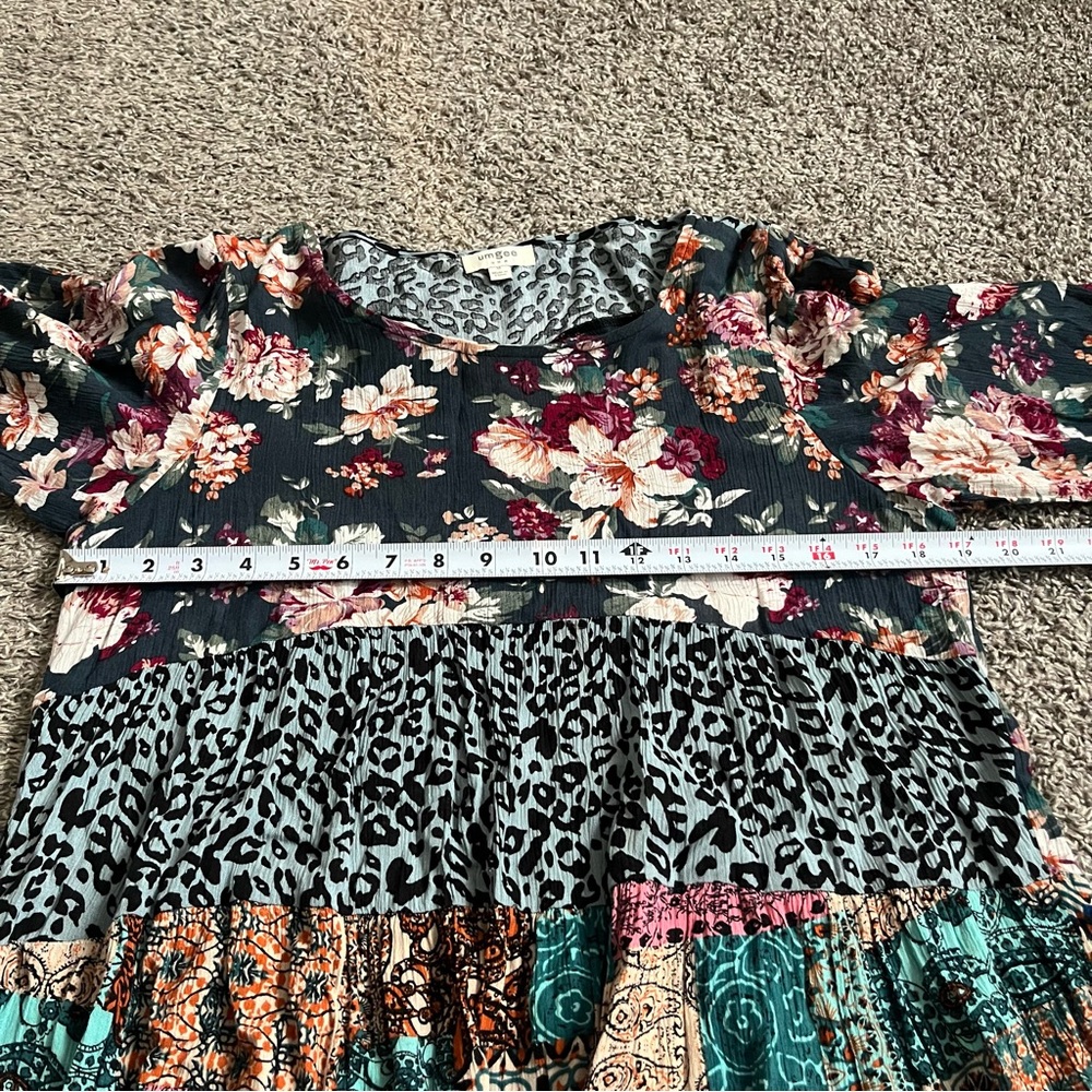 Umgee Floral Boho Bohemian Long Sleeve Mini Tunic Dress Patchwork Animal Print M - Picture 5 of 7